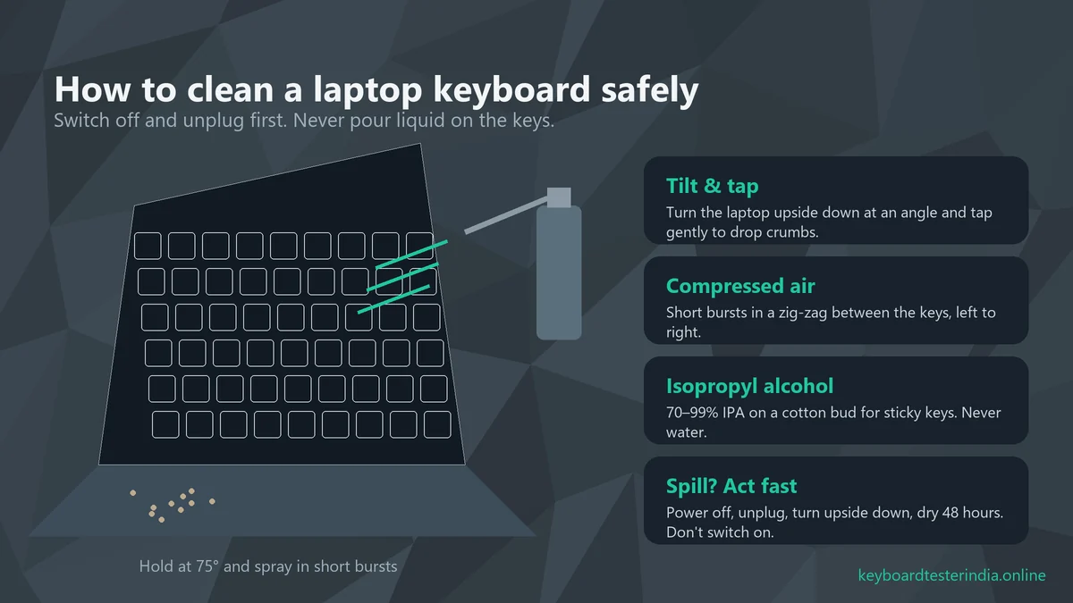 How to clean a laptop keyboard safely with compressed air and isopropyl alcohol