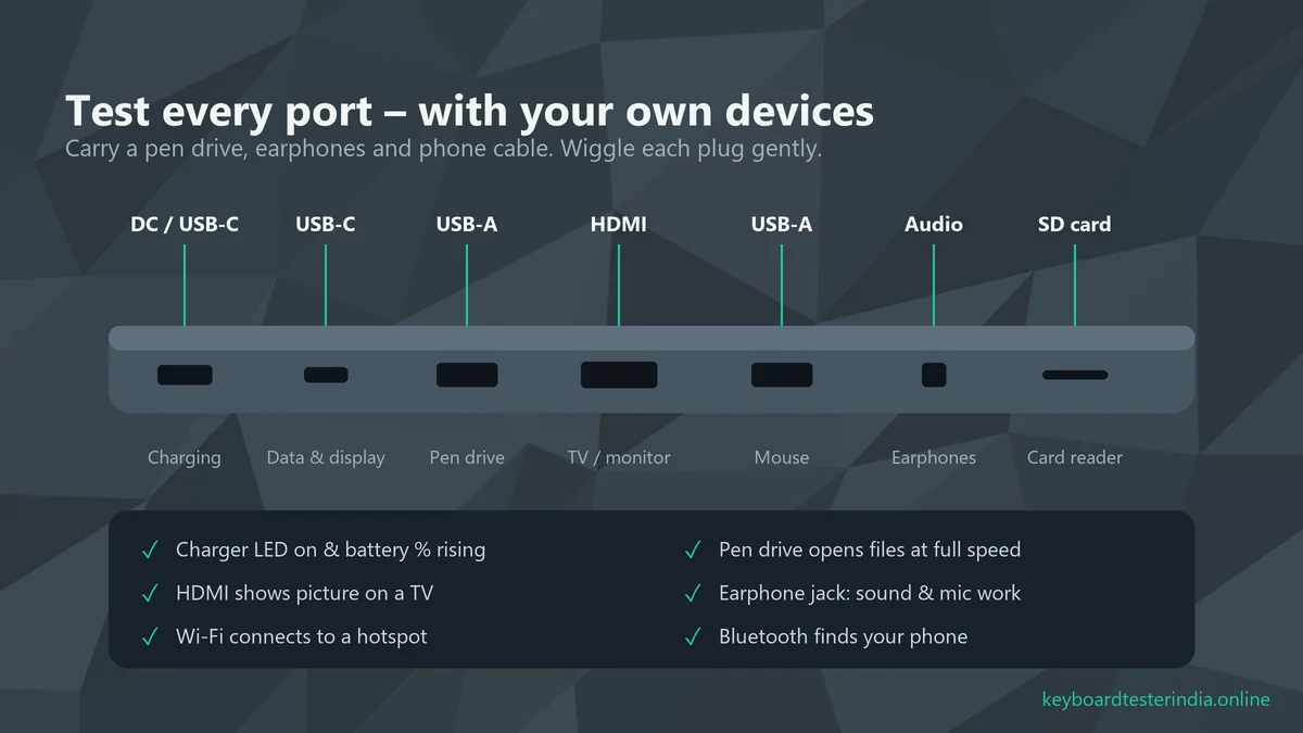 Diagram of laptop ports to test before buying: charging, USB-C, USB-A, HDMI, audio jack and SD card reader