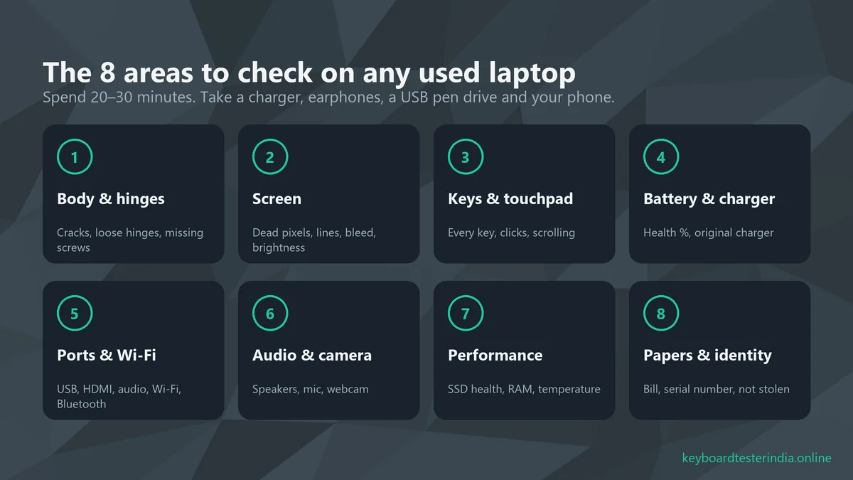 The 8 areas to check on a second-hand laptop: body, screen, keyboard and touchpad, battery, ports, audio and camera, performance, and papers